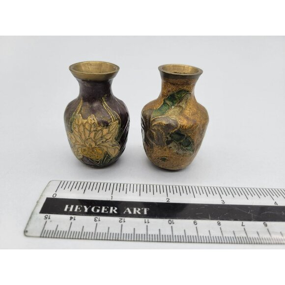 Pair Brass Enamel Floral Cloisonne Vases Miniature 2 inches - Picture 4 of 12